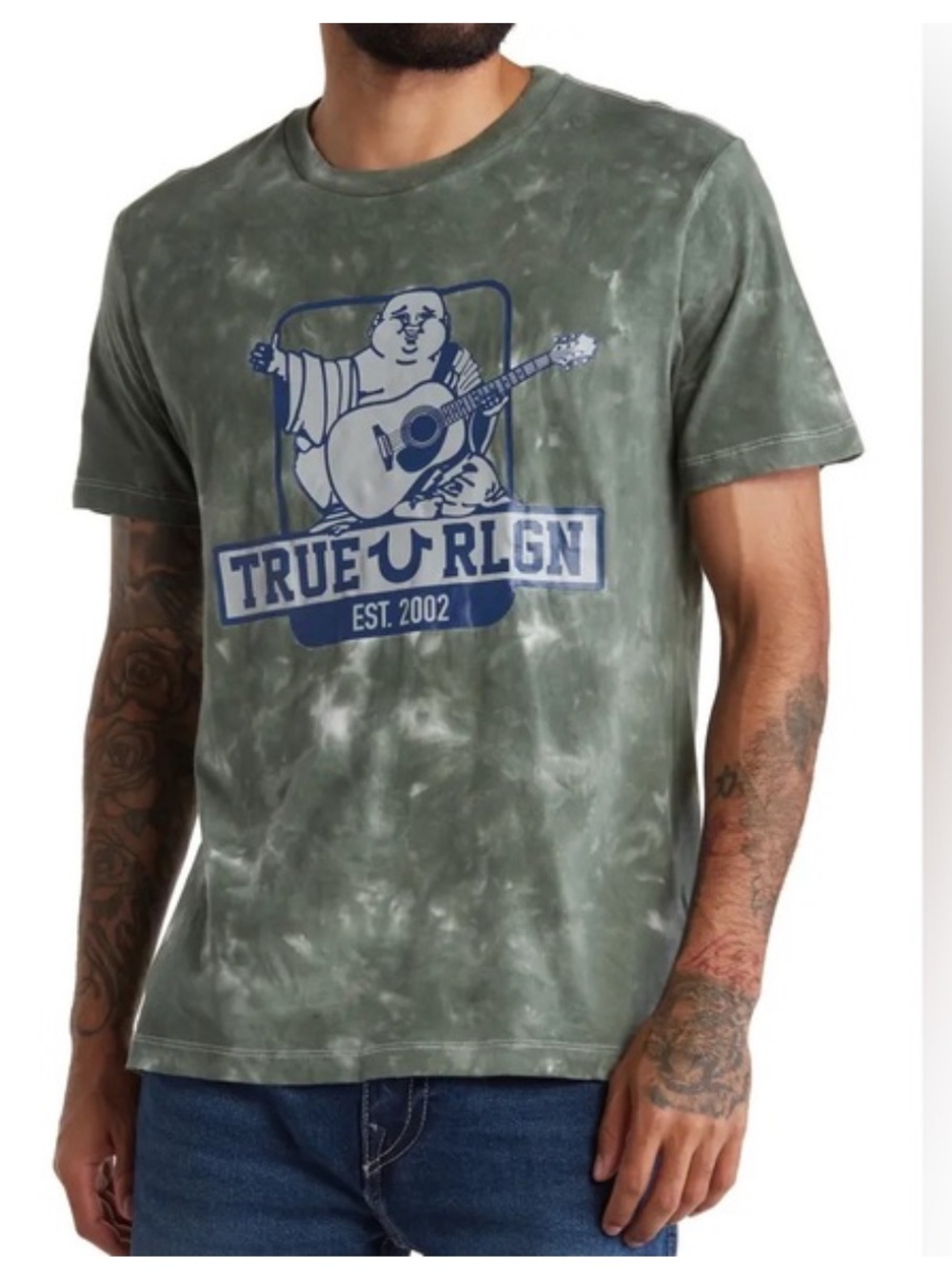 True Religion Olive Green Tie-Dye Graphic Tee with buddha Navy Logo sz large